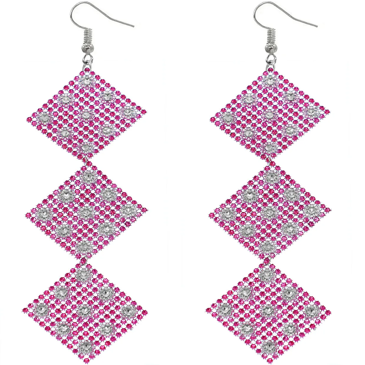 Pink Rhinestone Long Mesh Flat Earrings
