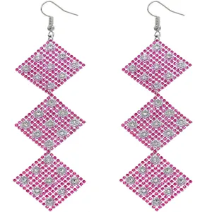 Pink Rhinestone Long Mesh Flat Earrings
