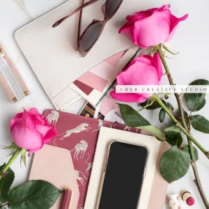 Pink Roses & Notebook & Smartphone. Stock Photo
