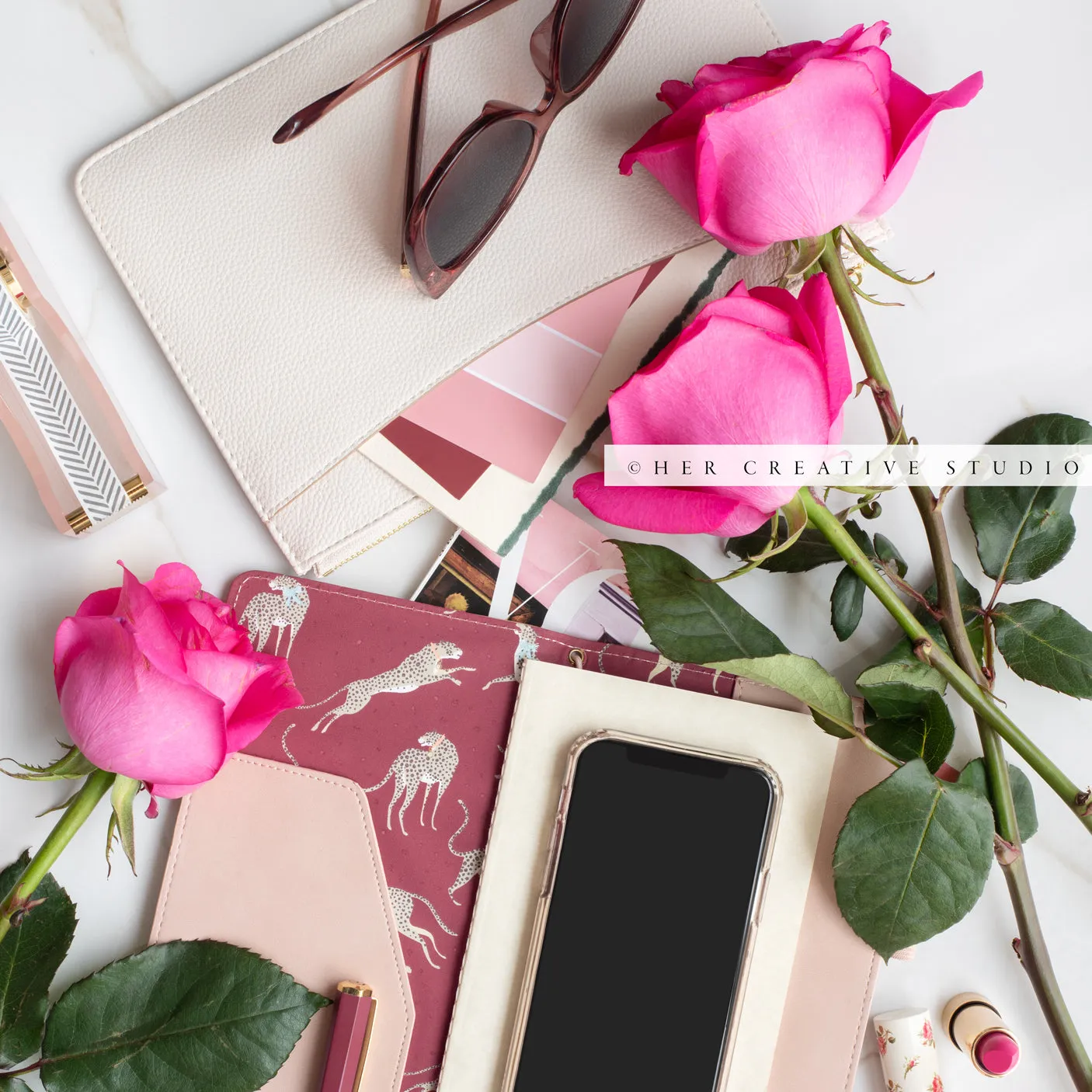 Pink Roses & Notebook & Smartphone. Stock Photo