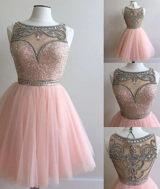 pink tulle short prom dress for teens, pink homecoming dress