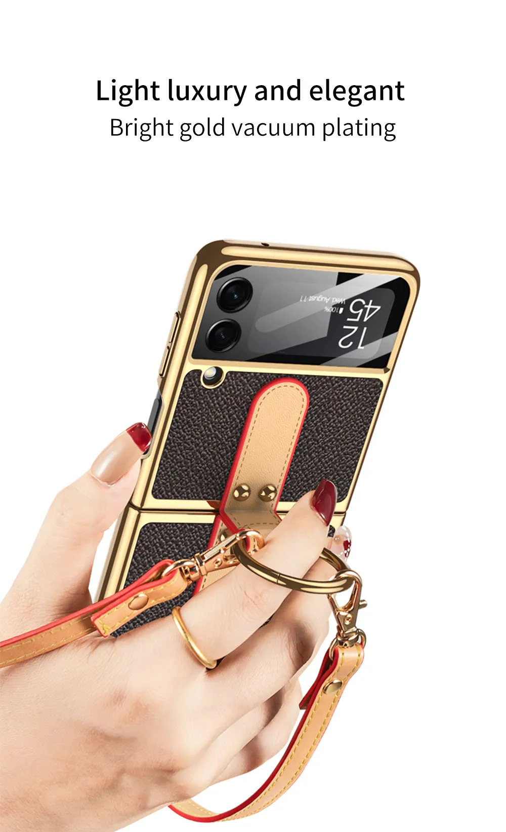 Plating Leather Strap Case For Samsung Galaxy Z Flip 3 5G With Back Screen Protector Hard Cover For Samsung Z Flip 3 5G Case