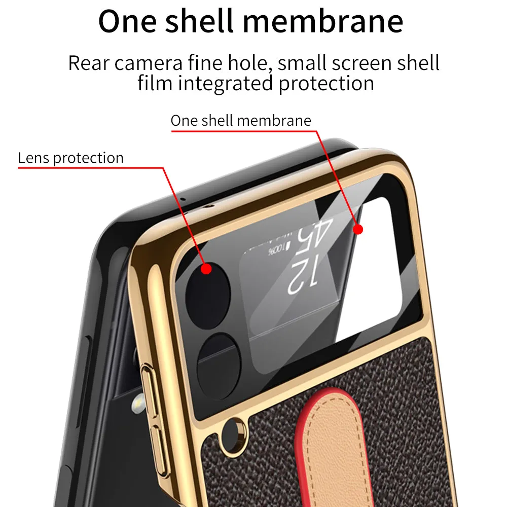 Plating Leather Strap Case For Samsung Galaxy Z Flip 3 5G With Back Screen Protector Hard Cover For Samsung Z Flip 3 5G Case