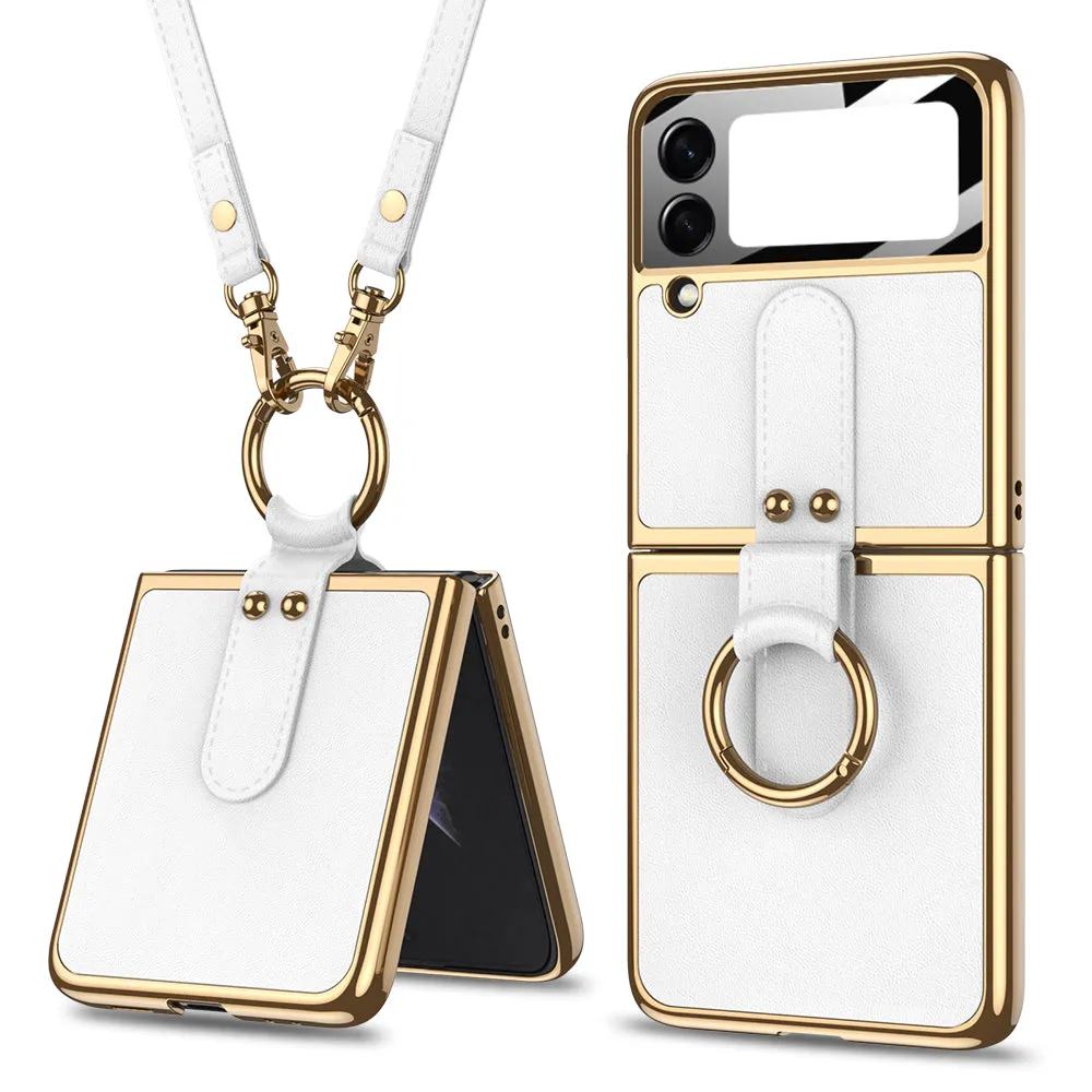 Plating Leather Strap Case For Samsung Galaxy Z Flip 3 5G With Back Screen Protector Hard Cover For Samsung Z Flip 3 5G Case