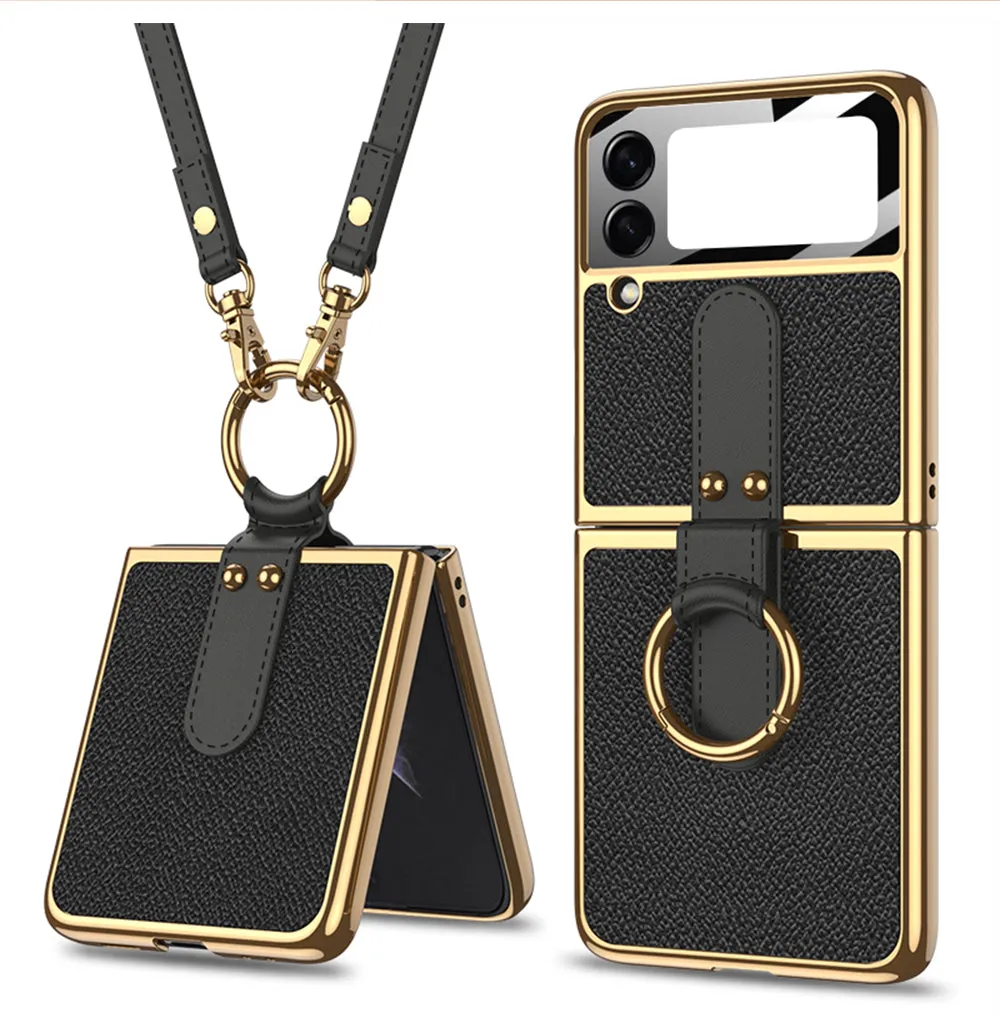 Plating Leather Strap Case For Samsung Galaxy Z Flip 3 5G With Back Screen Protector Hard Cover For Samsung Z Flip 3 5G Case