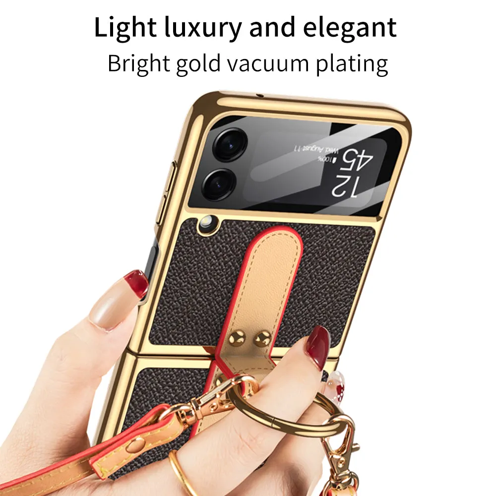 Plating Leather Strap Case For Samsung Galaxy Z Flip 3 5G With Back Screen Protector Hard Cover For Samsung Z Flip 3 5G Case