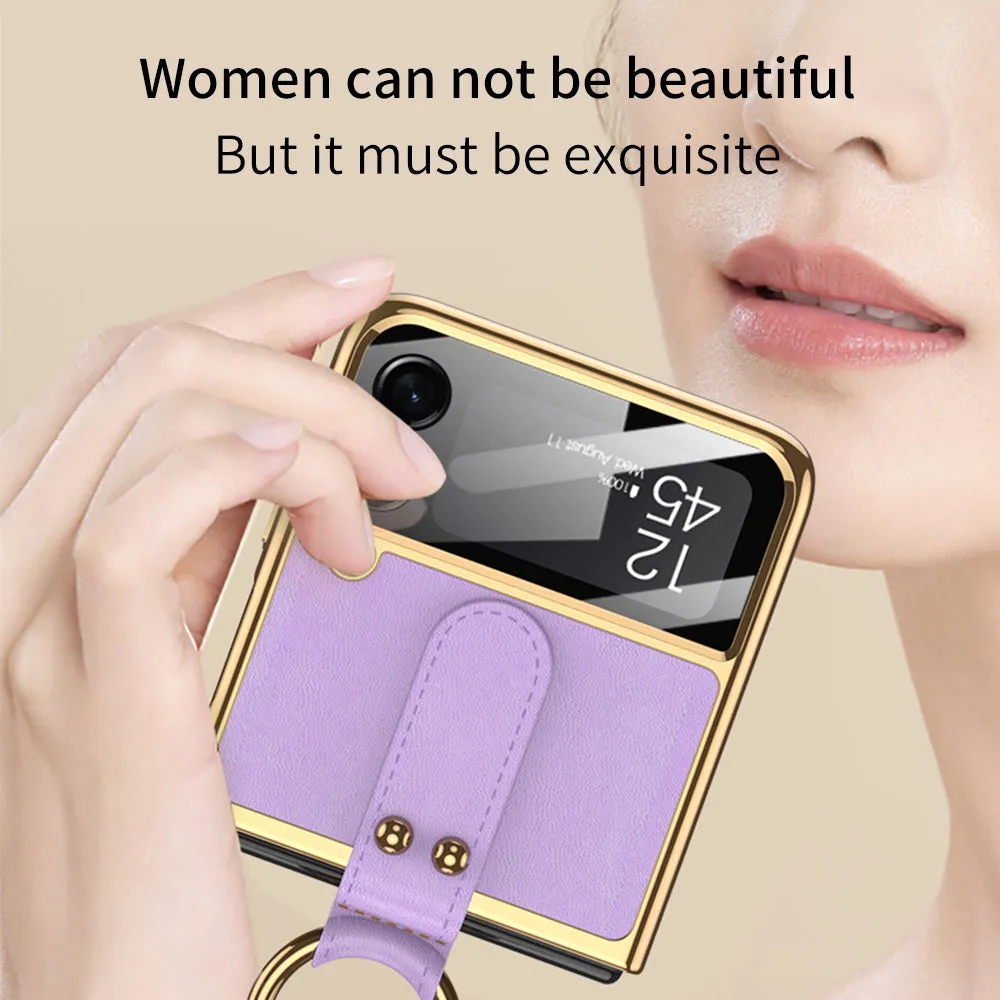 Plating Leather Strap Case For Samsung Galaxy Z Flip 3 5G With Back Screen Protector Hard Cover For Samsung Z Flip 3 5G Case
