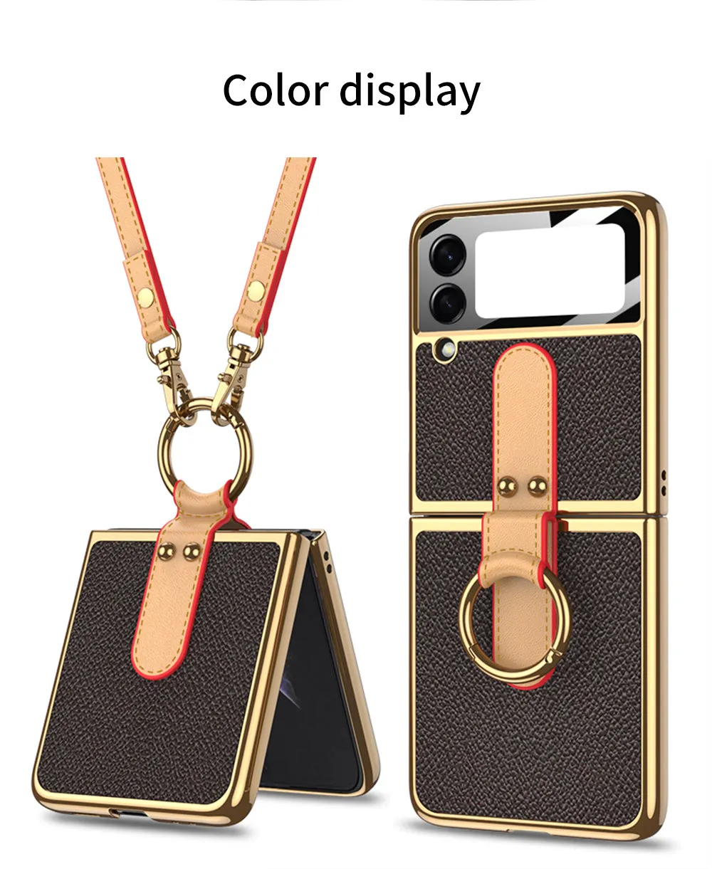 Plating Leather Strap Case For Samsung Galaxy Z Flip 3 5G With Back Screen Protector Hard Cover For Samsung Z Flip 3 5G Case