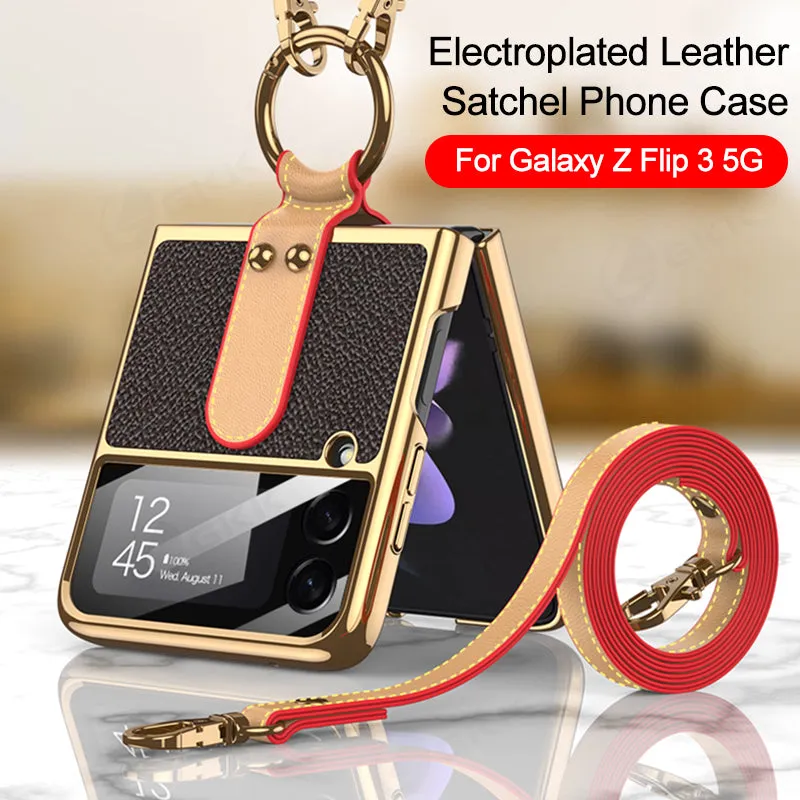 Plating Leather Strap Case For Samsung Galaxy Z Flip 3 5G With Back Screen Protector Hard Cover For Samsung Z Flip 3 5G Case