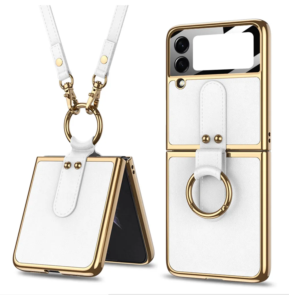 Plating Leather Strap Case For Samsung Galaxy Z Flip 3 5G With Back Screen Protector Hard Cover For Samsung Z Flip 3 5G Case