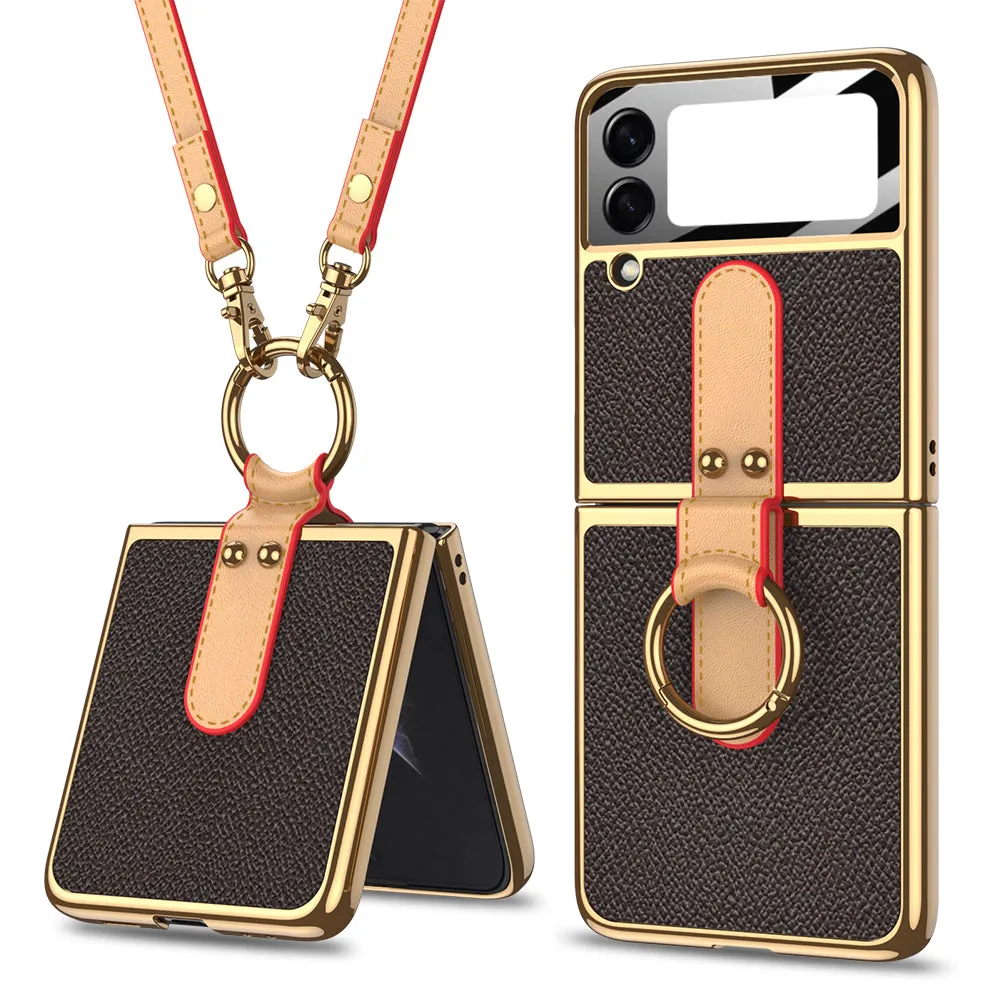 Plating Leather Strap Case For Samsung Galaxy Z Flip 3 5G With Back Screen Protector Hard Cover For Samsung Z Flip 3 5G Case