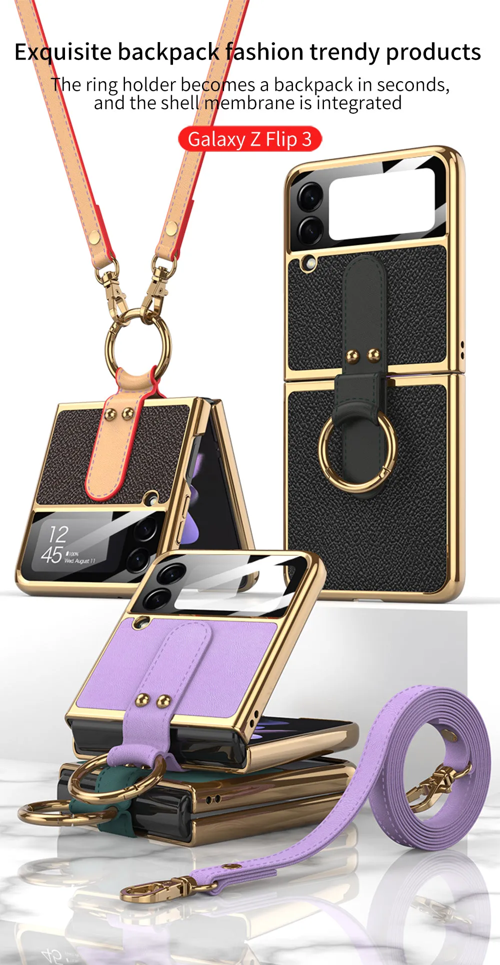 Plating Leather Strap Case For Samsung Galaxy Z Flip 3 5G With Back Screen Protector Hard Cover For Samsung Z Flip 3 5G Case