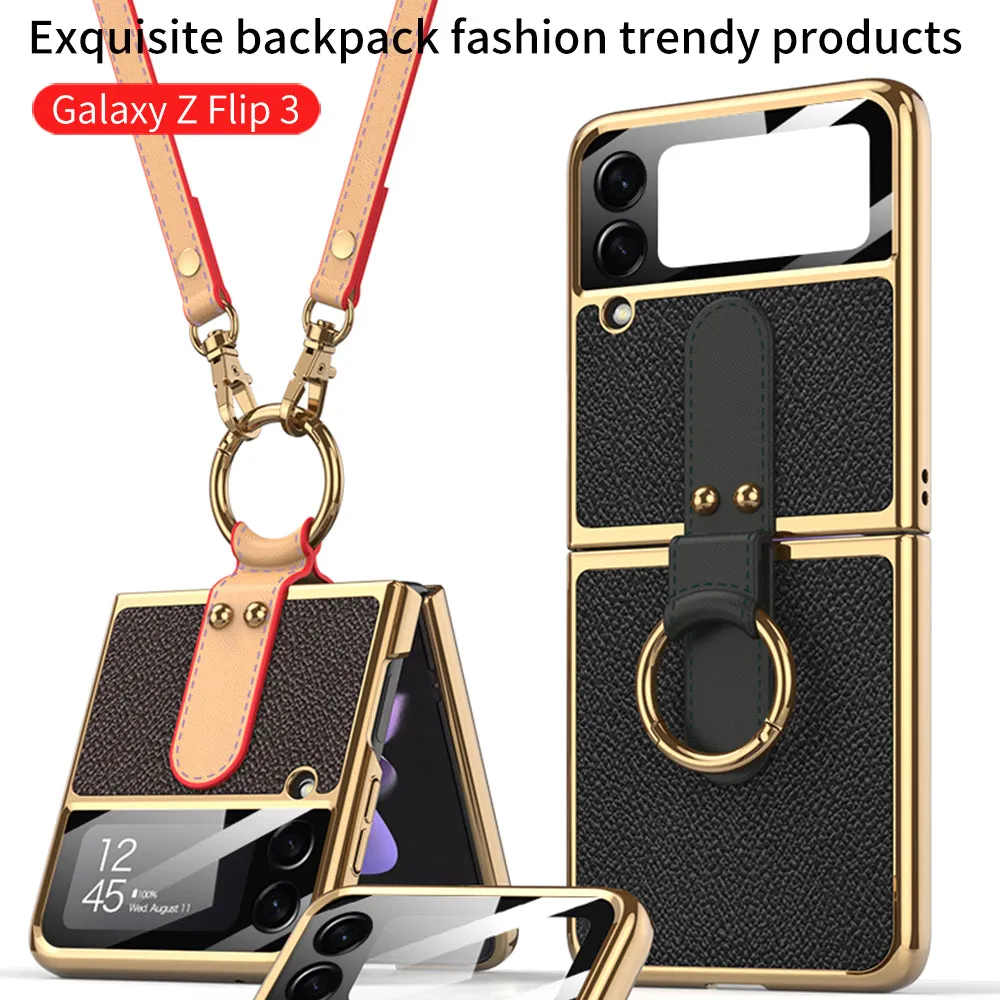 Plating Leather Strap Case For Samsung Galaxy Z Flip 3 5G With Back Screen Protector Hard Cover For Samsung Z Flip 3 5G Case