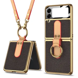 Plating Leather Strap Case For Samsung Galaxy Z Flip 3 5G With Back Screen Protector Hard Cover For Samsung Z Flip 3 5G Case
