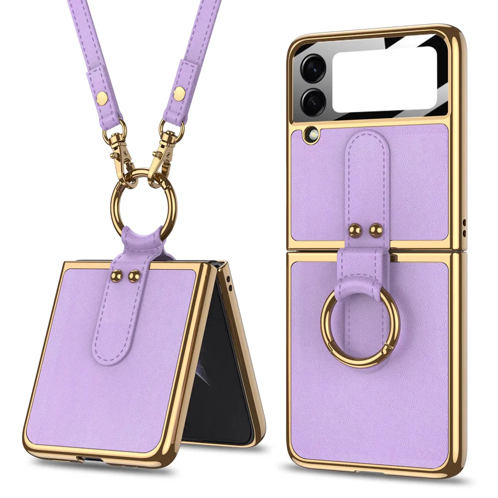 Plating Leather Strap Case For Samsung Galaxy Z Flip 3 5G With Back Screen Protector Hard Cover For Samsung Z Flip 3 5G Case