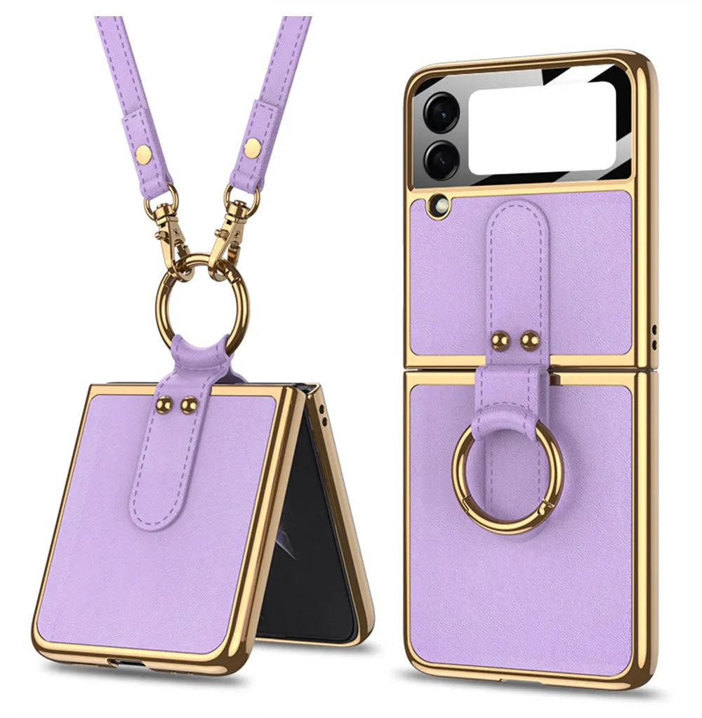 Plating Leather Strap Case For Samsung Galaxy Z Flip 3 5G With Back Screen Protector Hard Cover For Samsung Z Flip 3 5G Case
