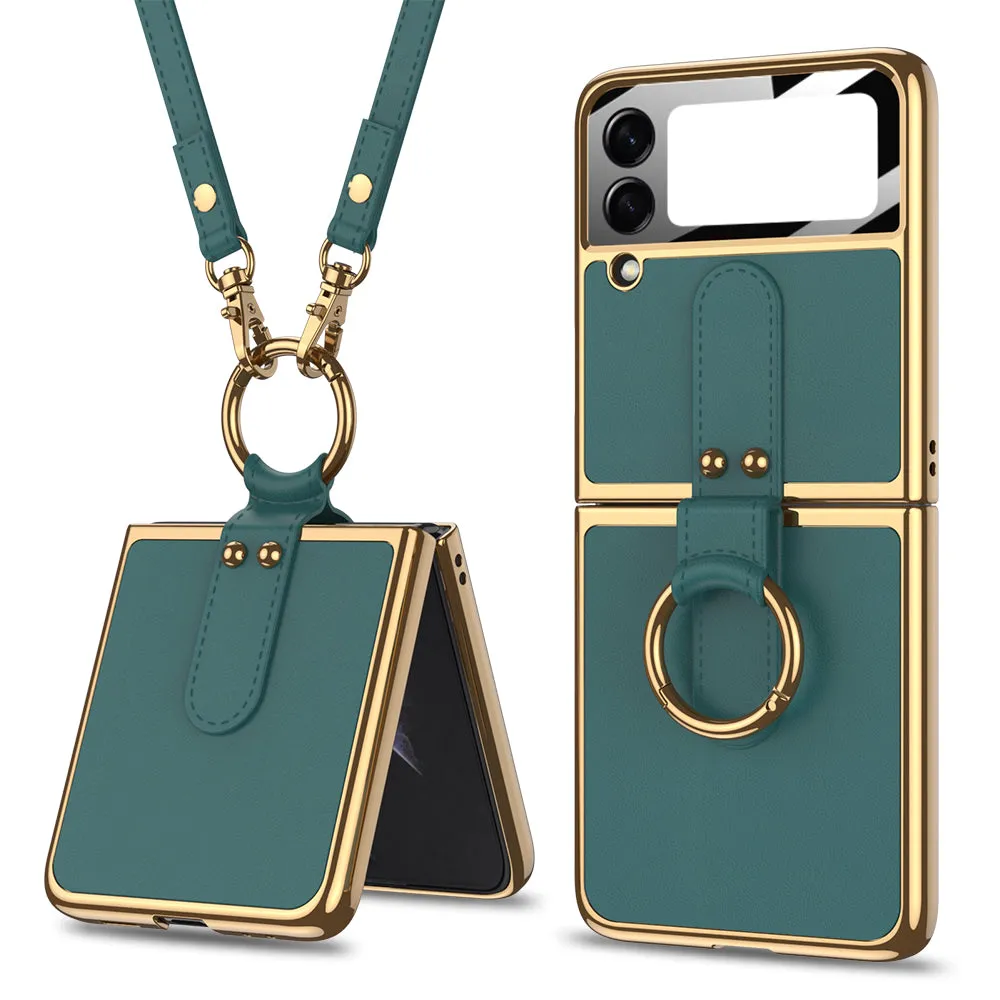 Plating Leather Strap Case For Samsung Galaxy Z Flip 3 5G With Back Screen Protector Hard Cover For Samsung Z Flip 3 5G Case