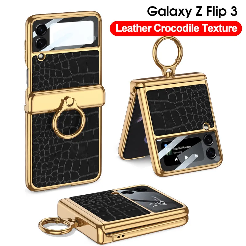 Plating Magnetic Leather Case For Samsung Galaxy Z Flip 3 Case All-included Back Tempered Glass Hard For Galaxy Z Flip3 Case