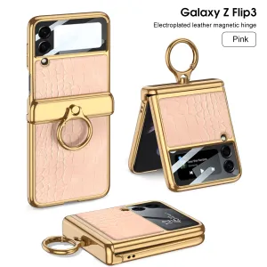 Plating Magnetic Leather Case For Samsung Galaxy Z Flip 3 Case All-included Back Tempered Glass Hard For Galaxy Z Flip3 Case