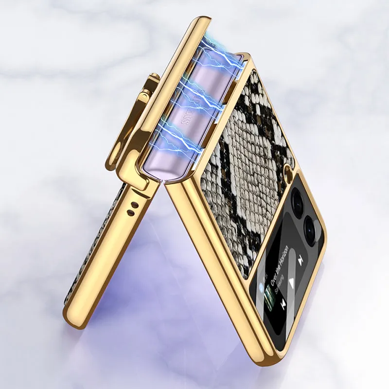 Plating Magnetic Leather Case For Samsung Galaxy Z Flip 3 Case All-included Back Tempered Glass Hard For Galaxy Z Flip3 Case