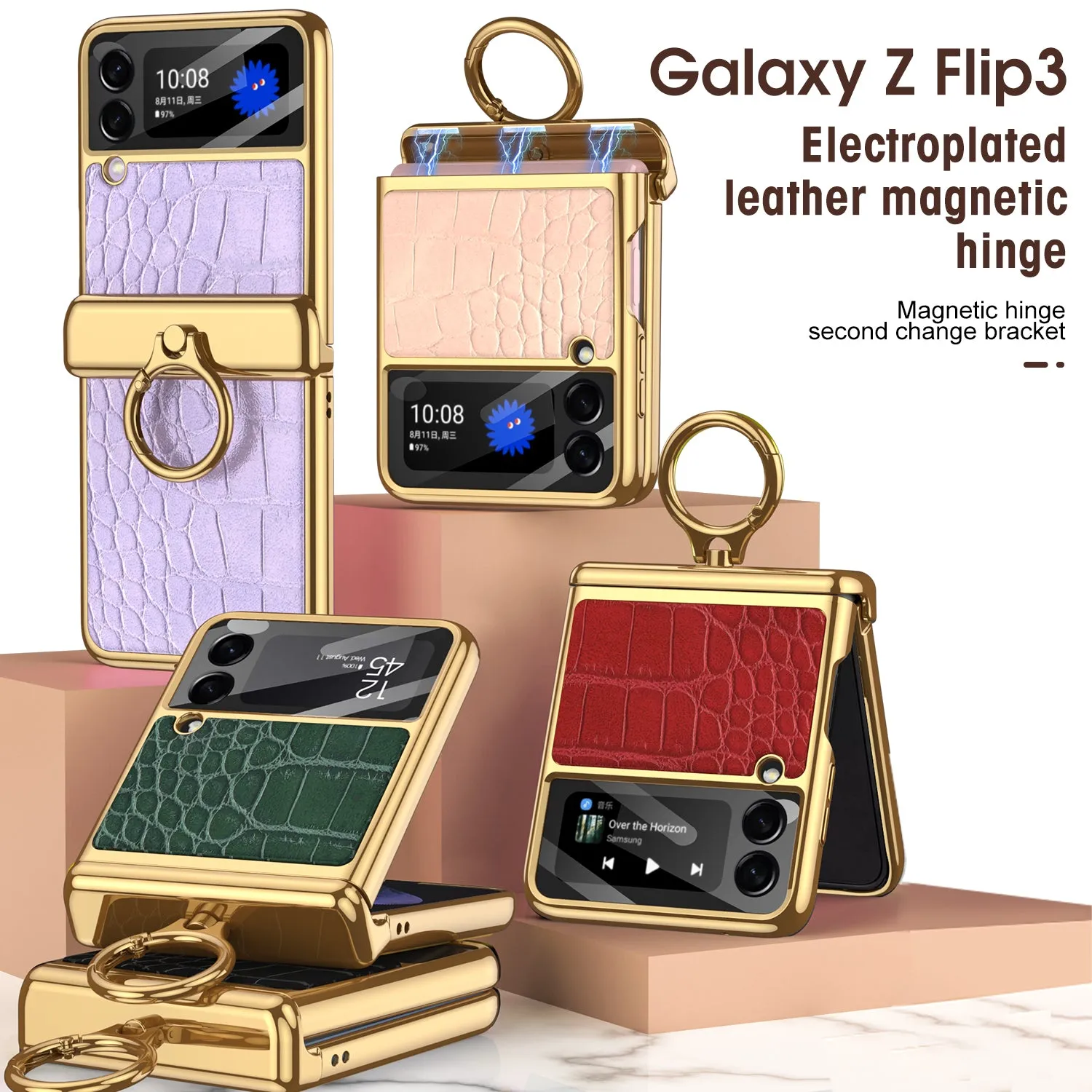 Plating Magnetic Leather Case For Samsung Galaxy Z Flip 3 Case All-included Back Tempered Glass Hard For Galaxy Z Flip3 Case