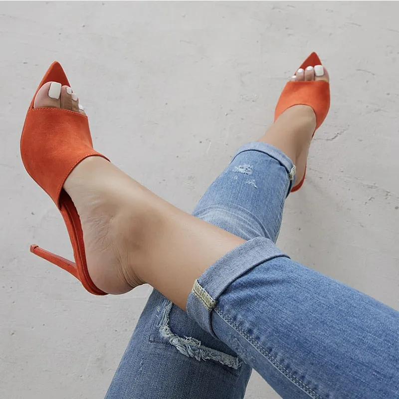Pointed Toe Color Slip on Sandals - High Heel Sandals