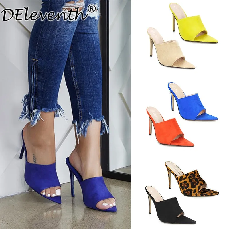 Pointed Toe Color Slip on Sandals - High Heel Sandals