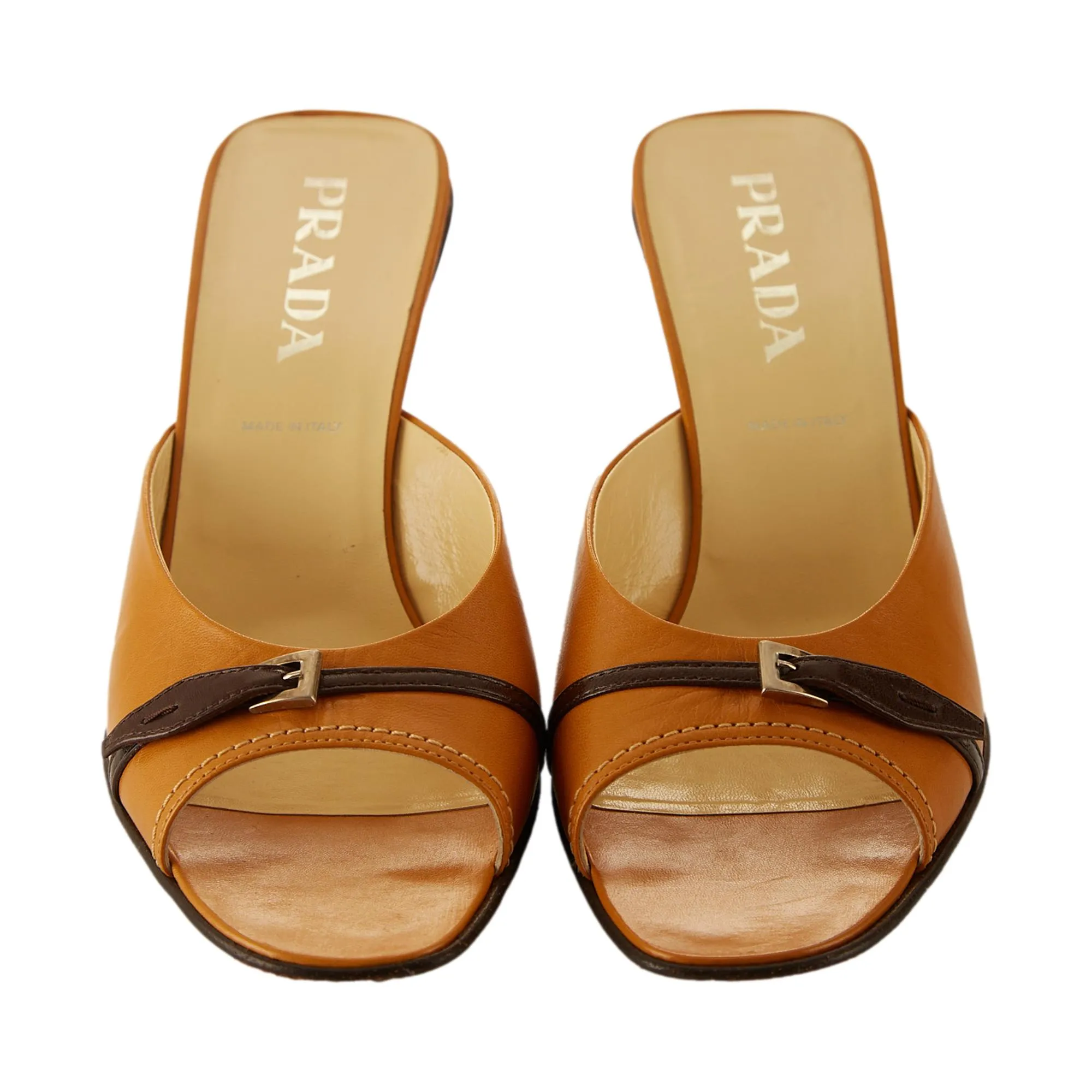 Prada Brown Leather Buckle Heels