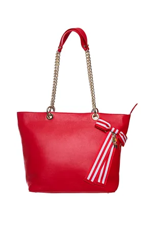 Red Leather Tote Bag with Chain Straps