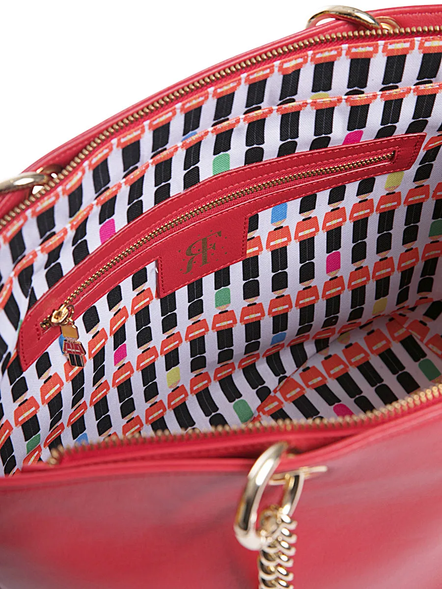 Red Leather Tote Bag with Chain Straps