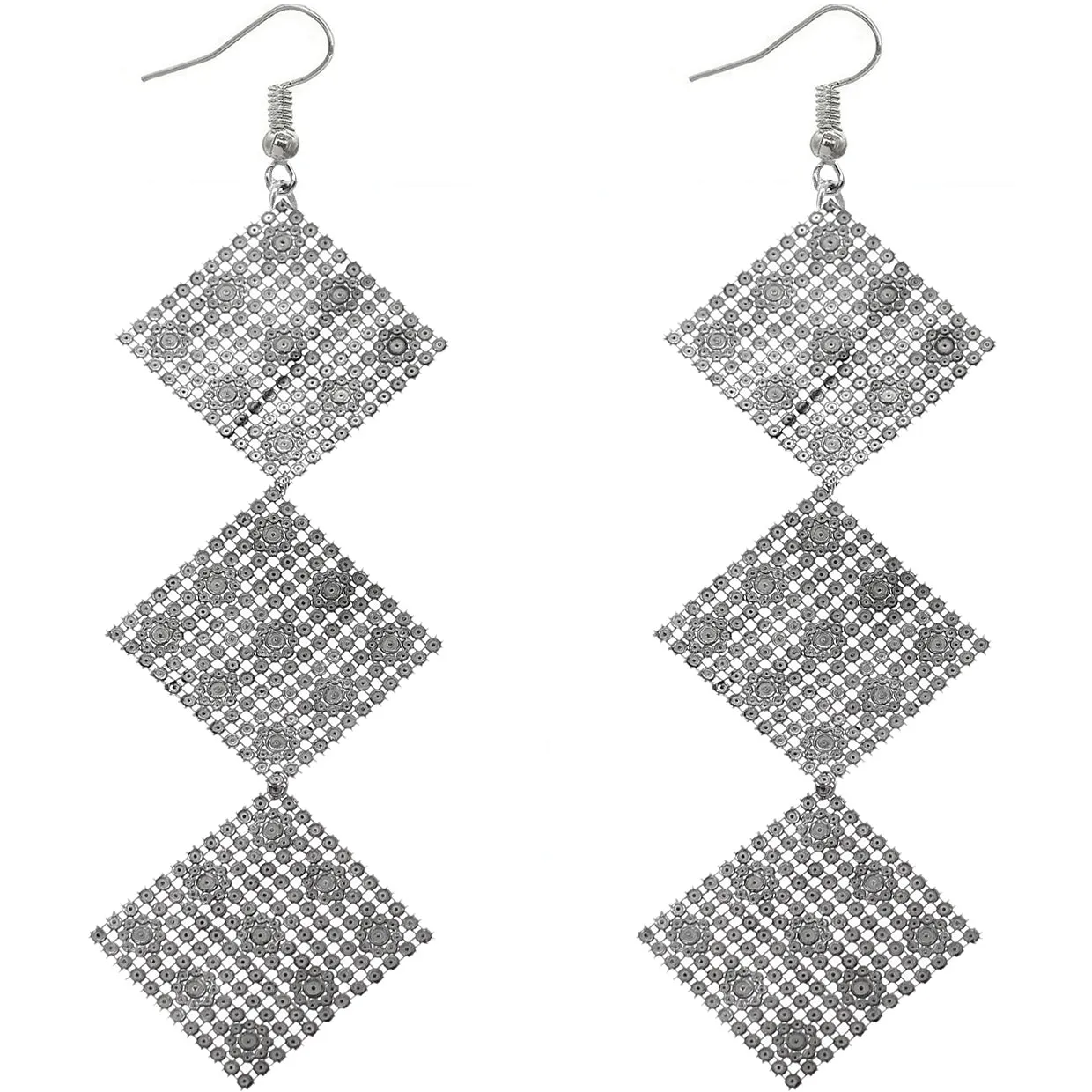 Red Rhinestone Long Mesh Flat Earrings