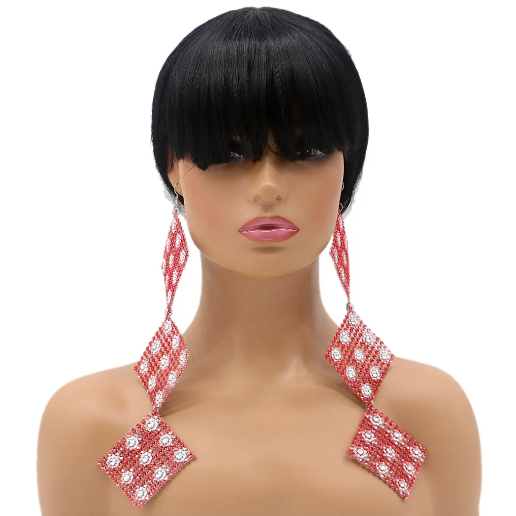 Red Rhinestone Long Mesh Flat Earrings