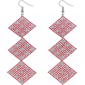 Red Rhinestone Long Mesh Flat Earrings