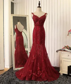 Red v neck lace mermaid long prom dress, red evening dress