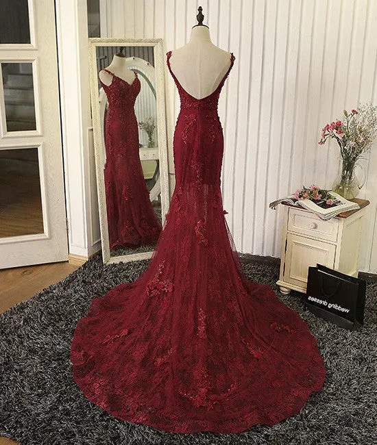 Red v neck lace mermaid long prom dress, red evening dress
