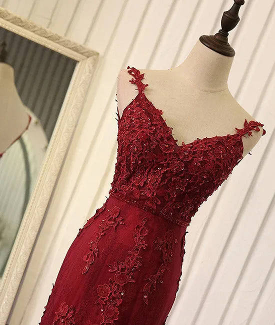 Red v neck lace mermaid long prom dress, red evening dress
