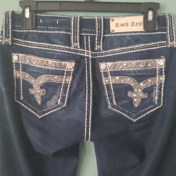 Rock Revival Dark Wash White Stitch Blinged Out Skinny Jeans Size 26