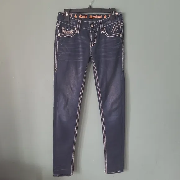 Rock Revival Dark Wash White Stitch Blinged Out Skinny Jeans Size 26