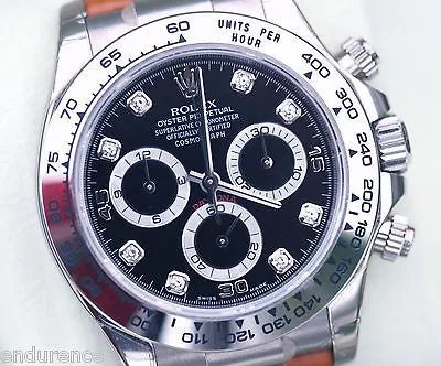 ROLEX DAYTONA 18k WHITE GOLD BLACK DIAMOND DIAL TAN LEATHER STRAP 116519 WATCH