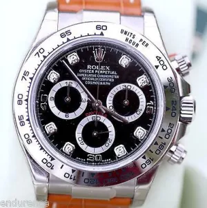 ROLEX DAYTONA 18k WHITE GOLD BLACK DIAMOND DIAL TAN LEATHER STRAP 116519 WATCH