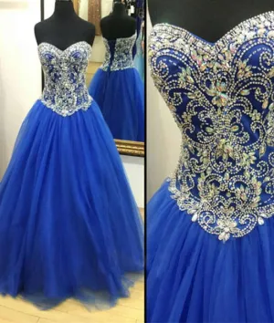 Royal blue Tulle Beaded Long Prom Dress, blue evening dresses