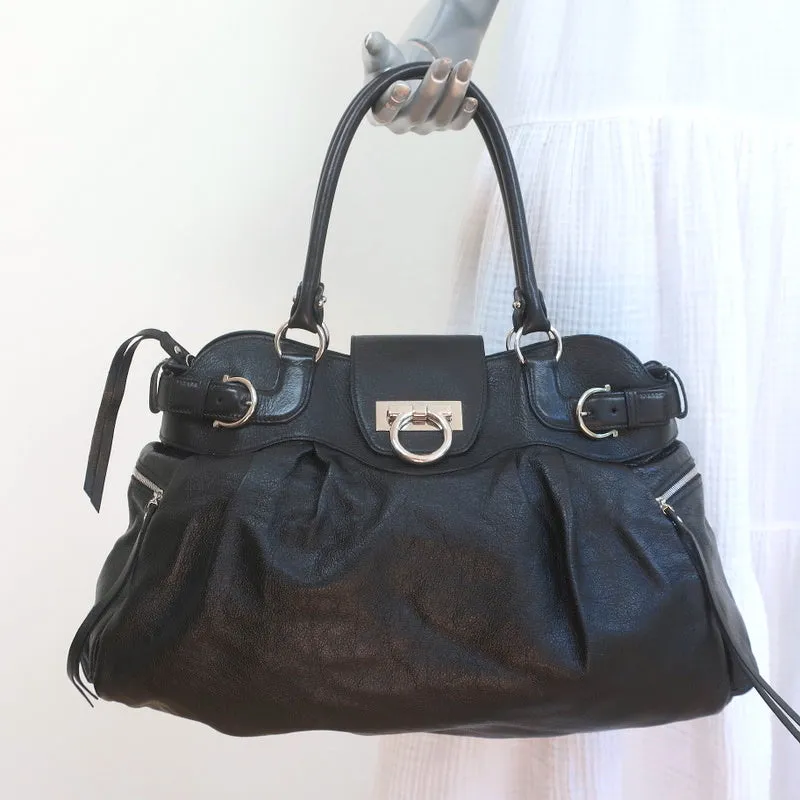 Salvatore Ferragamo Marisa Gancini Lock Large Shoulder Bag Black Leather