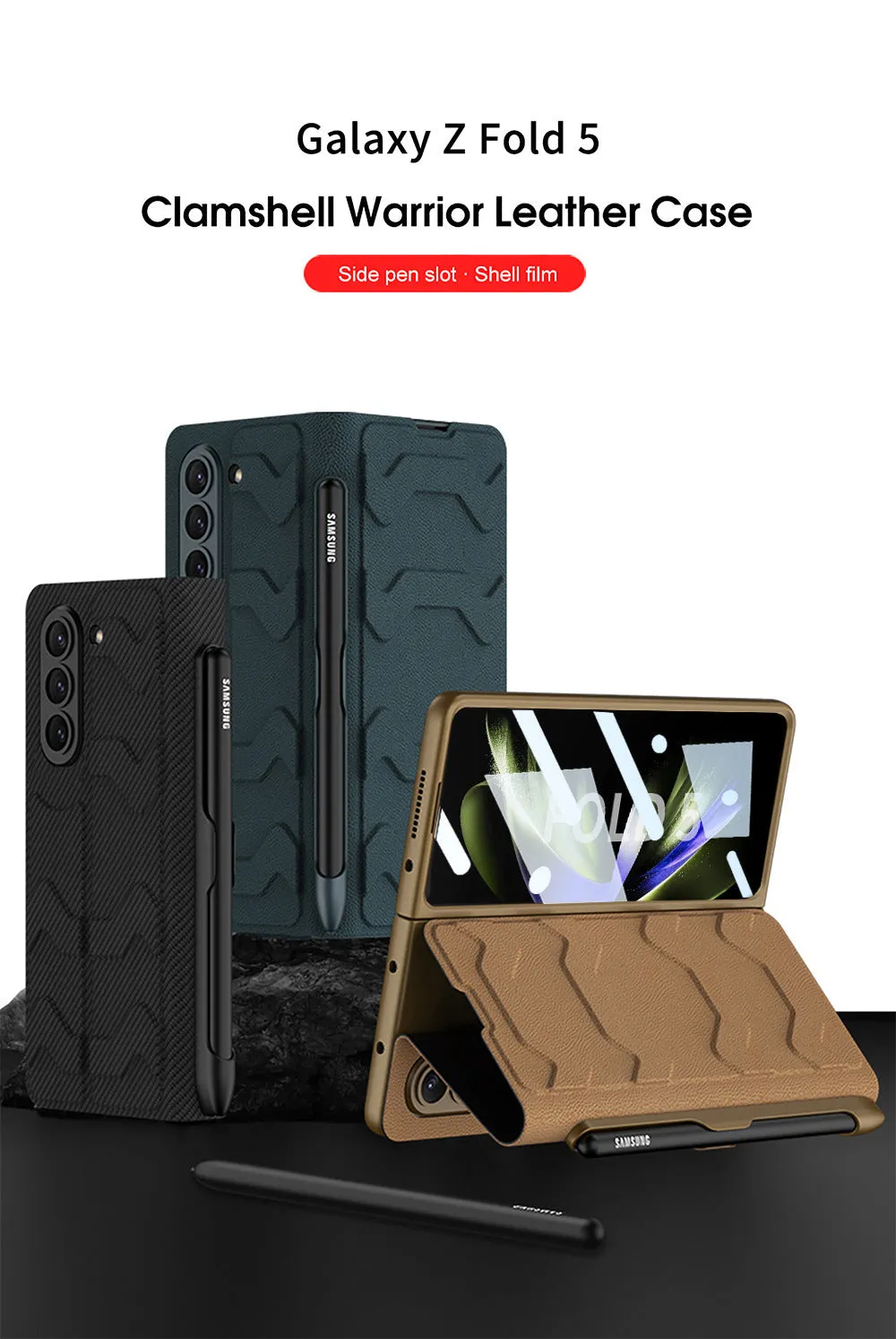 Samsung Galaxy Z Fold 5 Mobile Phone Case Fashion Warrior Flip Leather Case Film Velcro Pen Slot Case