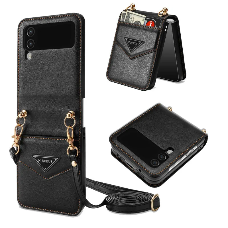 Samsung Z FLIP 4 Crossbody Phone Case Lychee Flip Leather Slip Card Case
