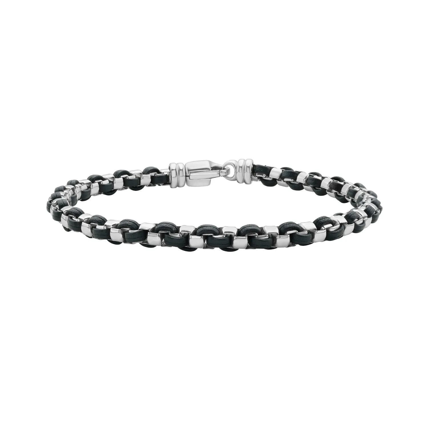Silver & Black Leather Men's Box Link Bracelet