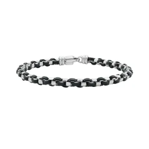 Silver & Black Leather Men's Box Link Bracelet