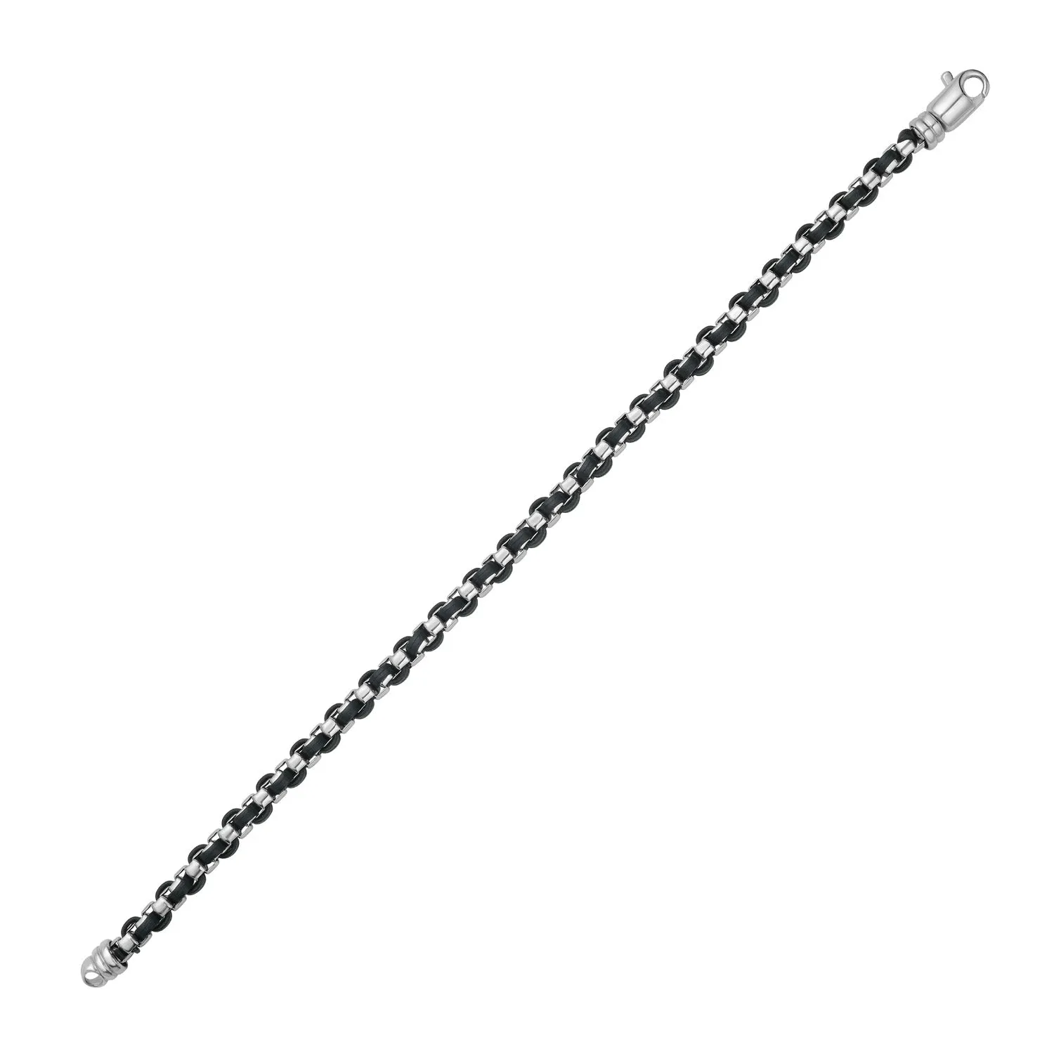 Silver & Black Leather Men's Box Link Bracelet