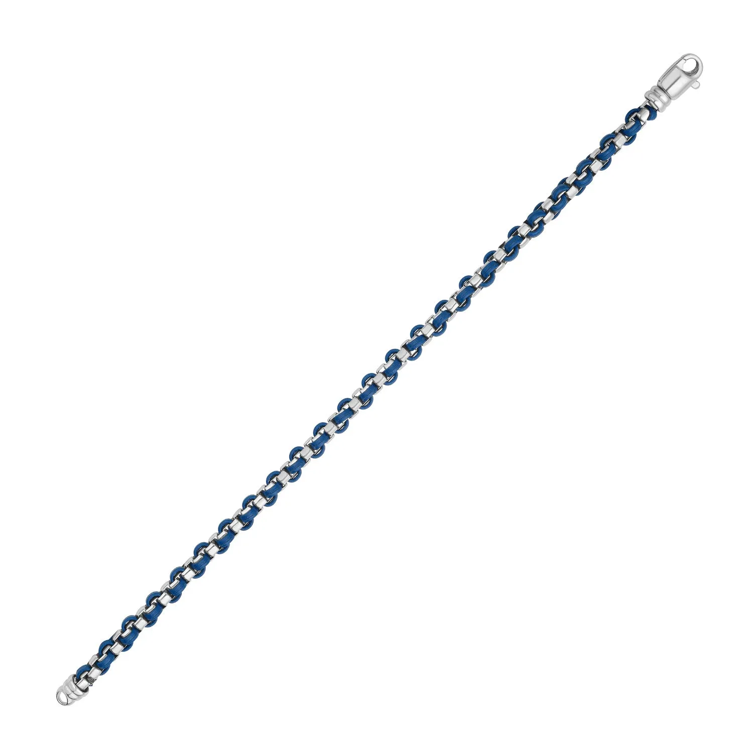 Silver & Blue Leather Men's Box Link Bracelet