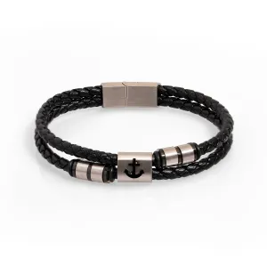 Silver Anchor Design Black Leather Men's Style Bracelet