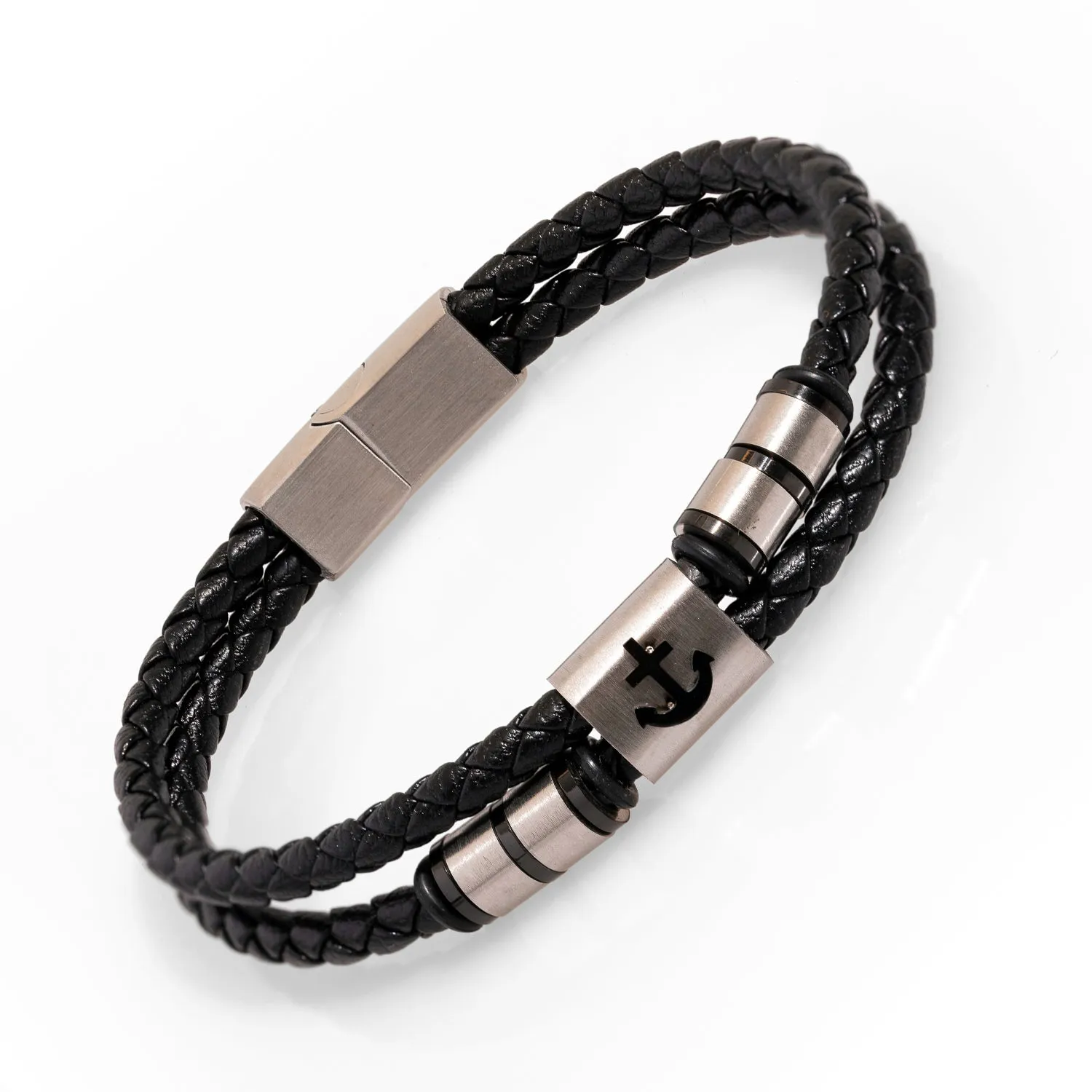 Silver Anchor Design Black Leather Men's Style Bracelet